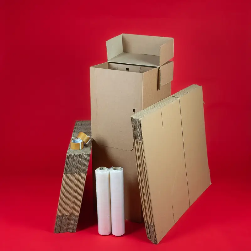 Zestaw kartonów do przeprowadzki: pudła, taśma, folia stretch